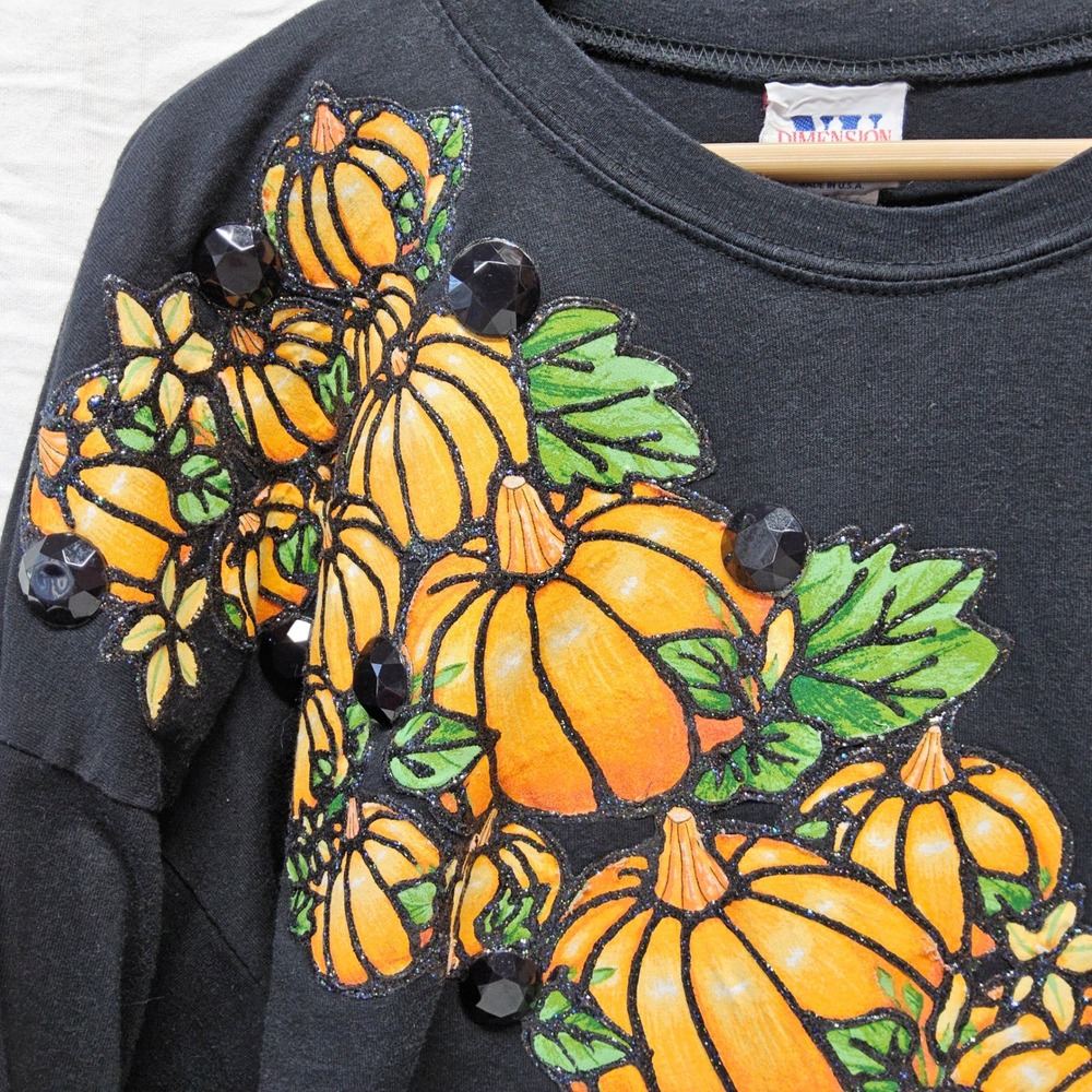 Vintage‎ New Dimension Pumpkin Tee Women 2X Plus Black Long Sleeve Bead Handmade